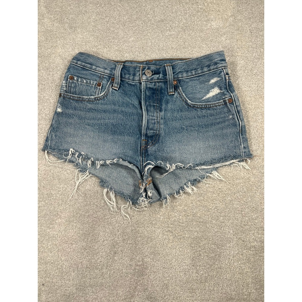 Levis Premium 501 Original Denim Shorts Womens 27 Medium Wash Blue Raw Hem Big E